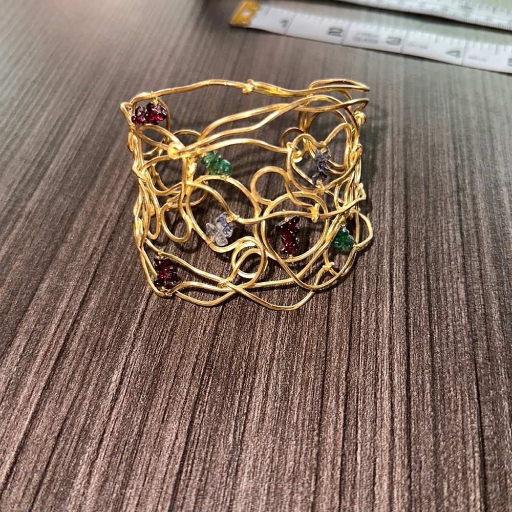 Gold tone wire with colorful stone cuff bracelet